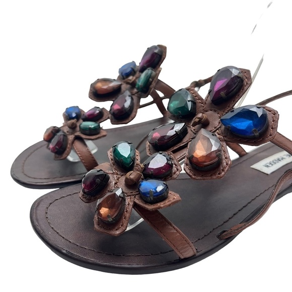 STEVE MADDEN ANGELYNA Brown Bling Chunky Rhinestones Flower Sandals Shoes sz 8 - Picture 9 of 16